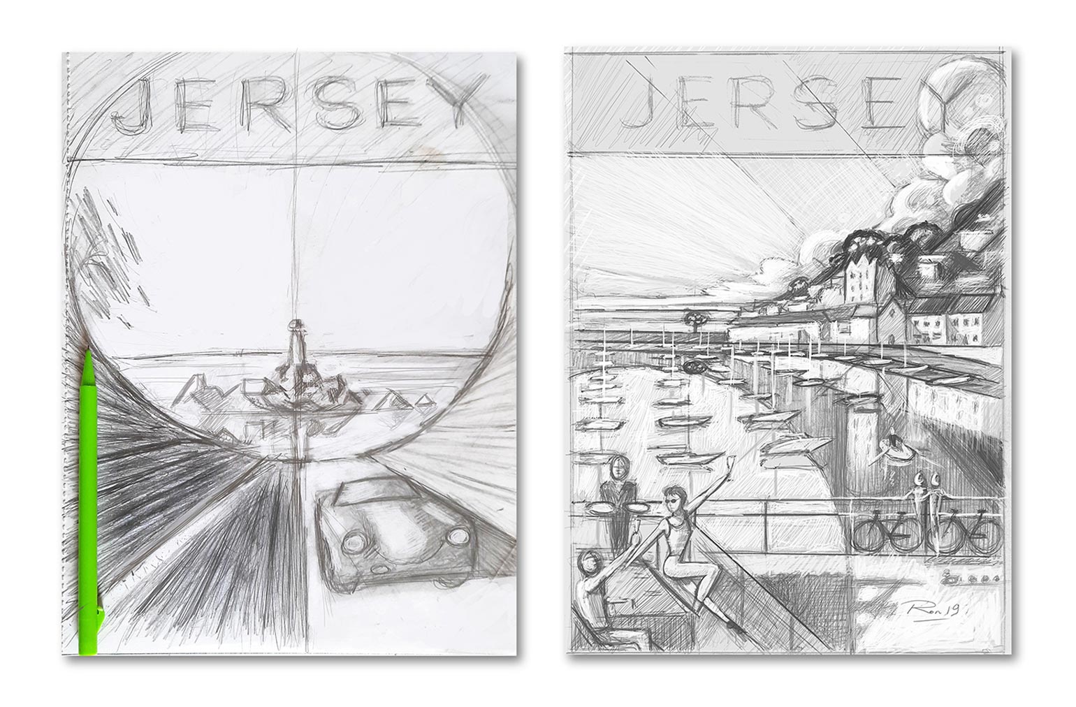 Ron Mills Jersey Travel Poster Series Pencil Sketch